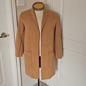 Zara Women's Trendy Open Front Long Spring Jacket Small Carmel Brown